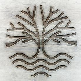The simple lined logo for Ancient City Farmstead has a tree of life by a stream