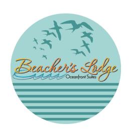 The Beacher's Lodge logo features gold lettering on a sea green background with flying birds silhuettes