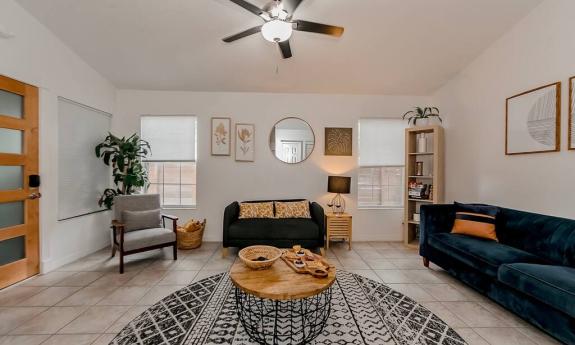 A large living room with ample seating for a crowd