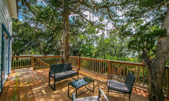 A large deck with seating and two trees growing up through the floor