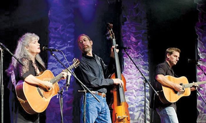 Gatorbone Trio on stage with instruments, performing.