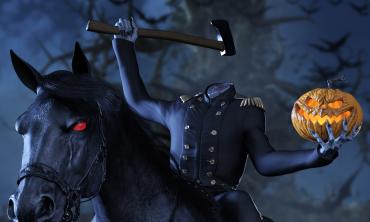 A dark image of the Headless Horseman, holding his pumkin head while riding his possessed horse