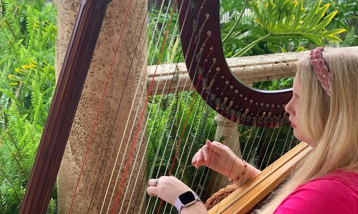 A woman harpist performing at a wedding on a large Prelude harp