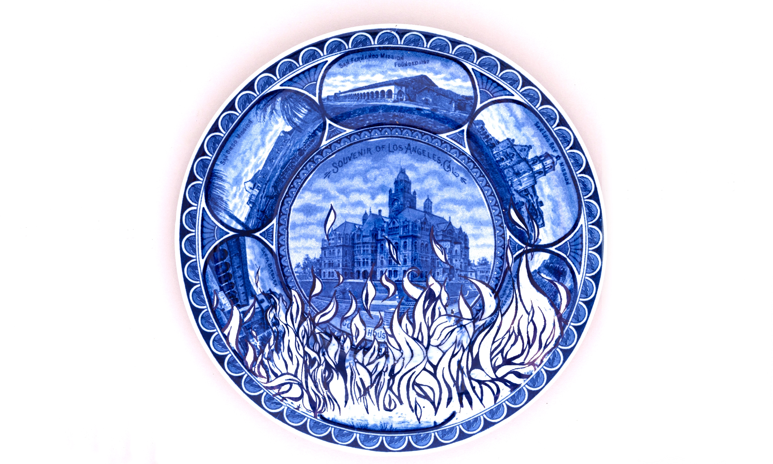 A transferware plate depicting Califnornia scences erased by wildfire