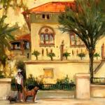 A oil on canvas painting titled, "Gardens at the Lightner" by Martha Ferguson.