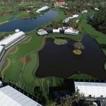 Aerial view of the iconic par-3 17th hole at The Players Stadium Course at TPC Sawgrass